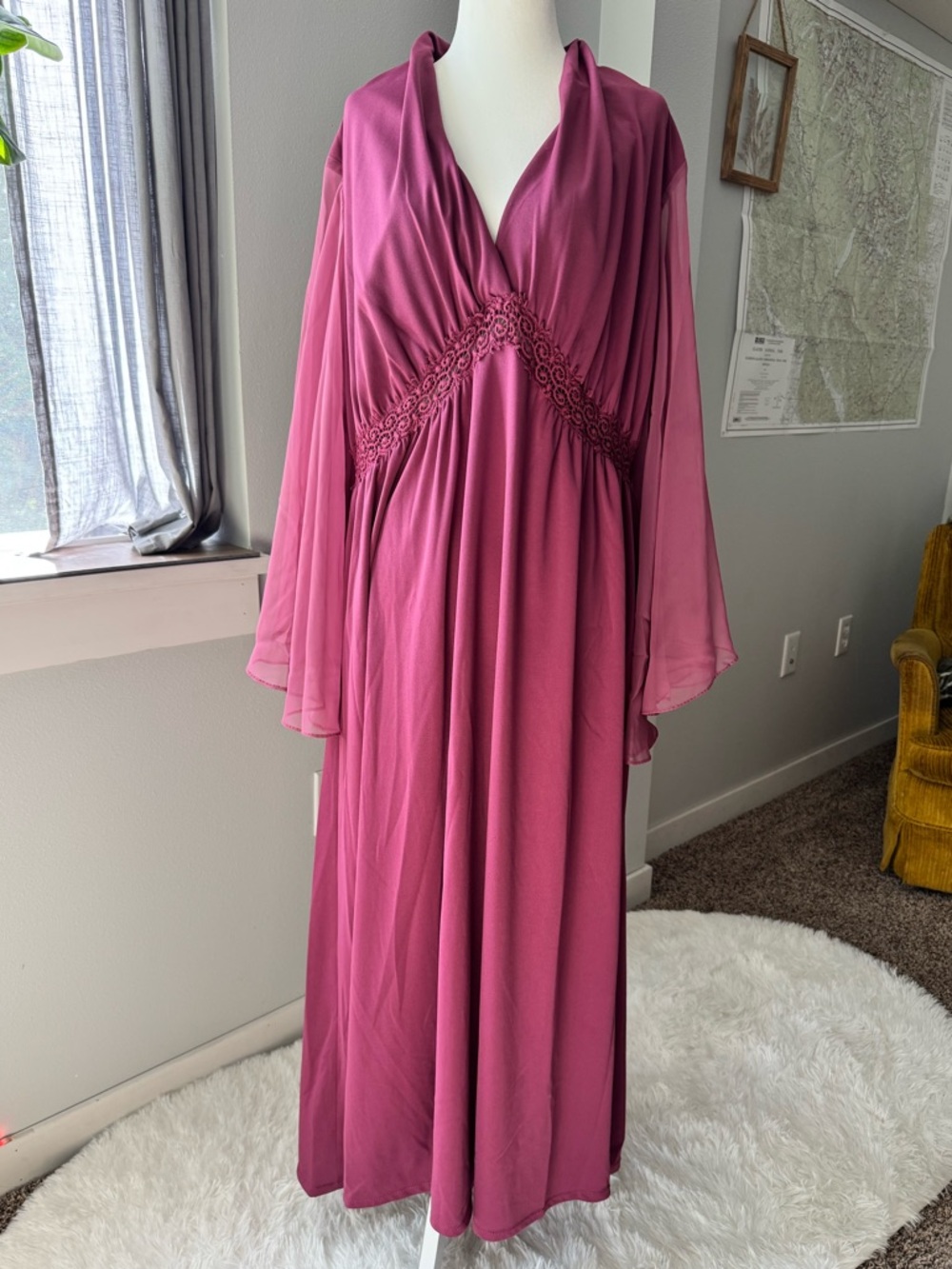 70s vintage young Edwardian mauve purple maxi dress flowy bell sleeves size XL